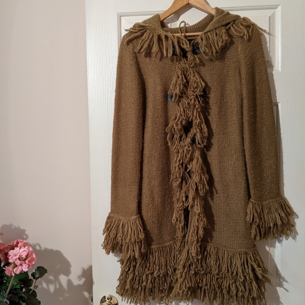 60's 70's vibe Boho fringe hooded longline sweater
